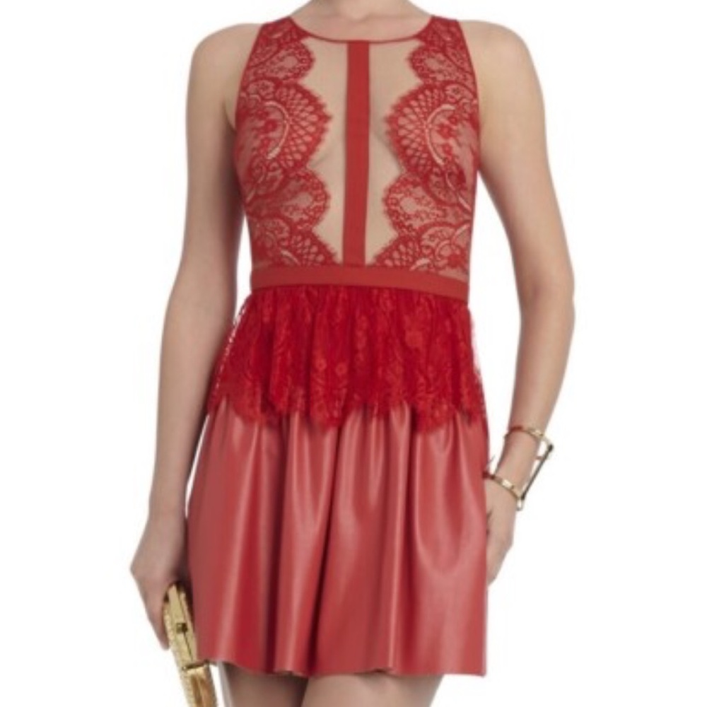 BCBGMaxAzria Red Layton Dress Faux Leather Lace Size 4